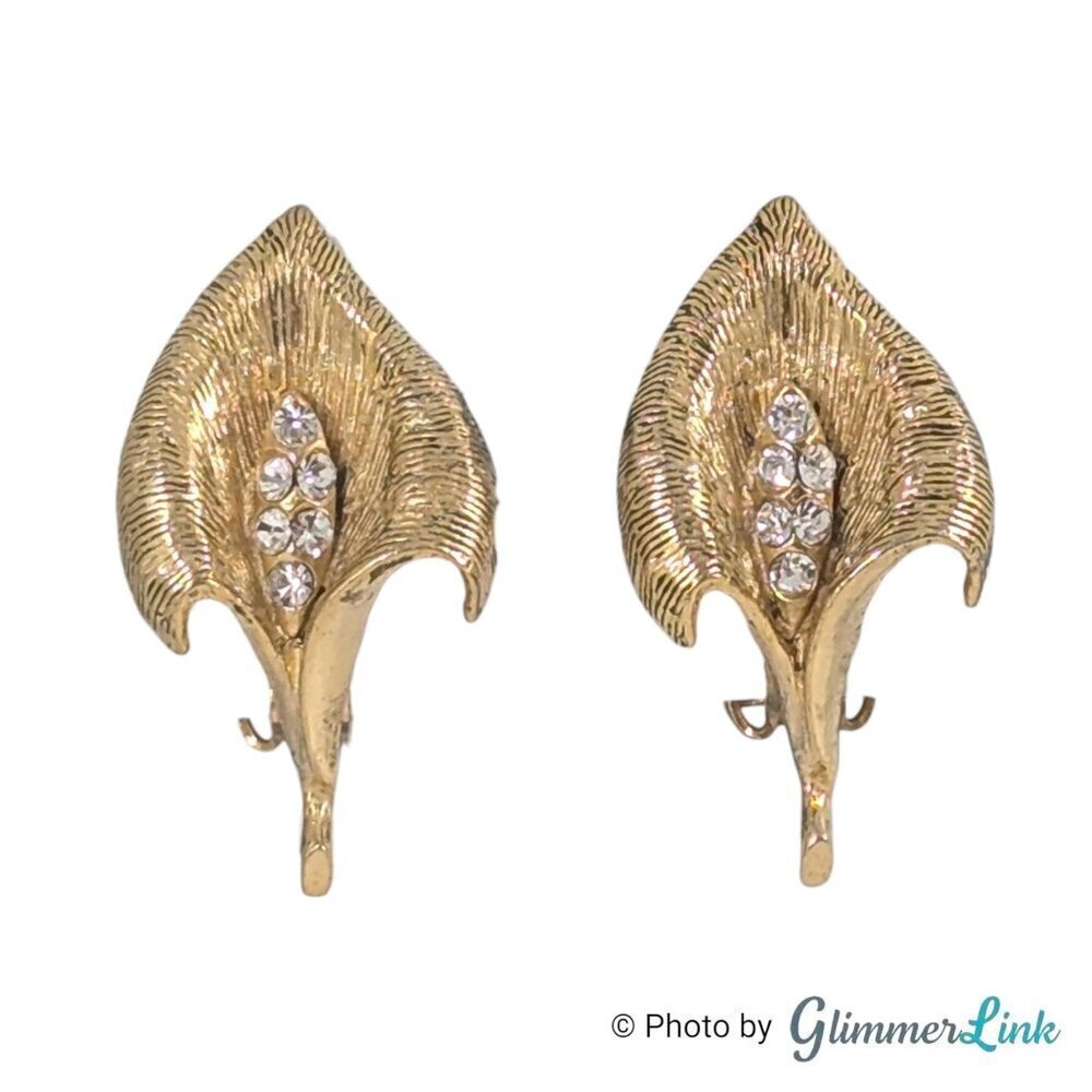 Vintage Dodds Textured Calla Lily Rhinestone Gold Tone Clip On Earrings